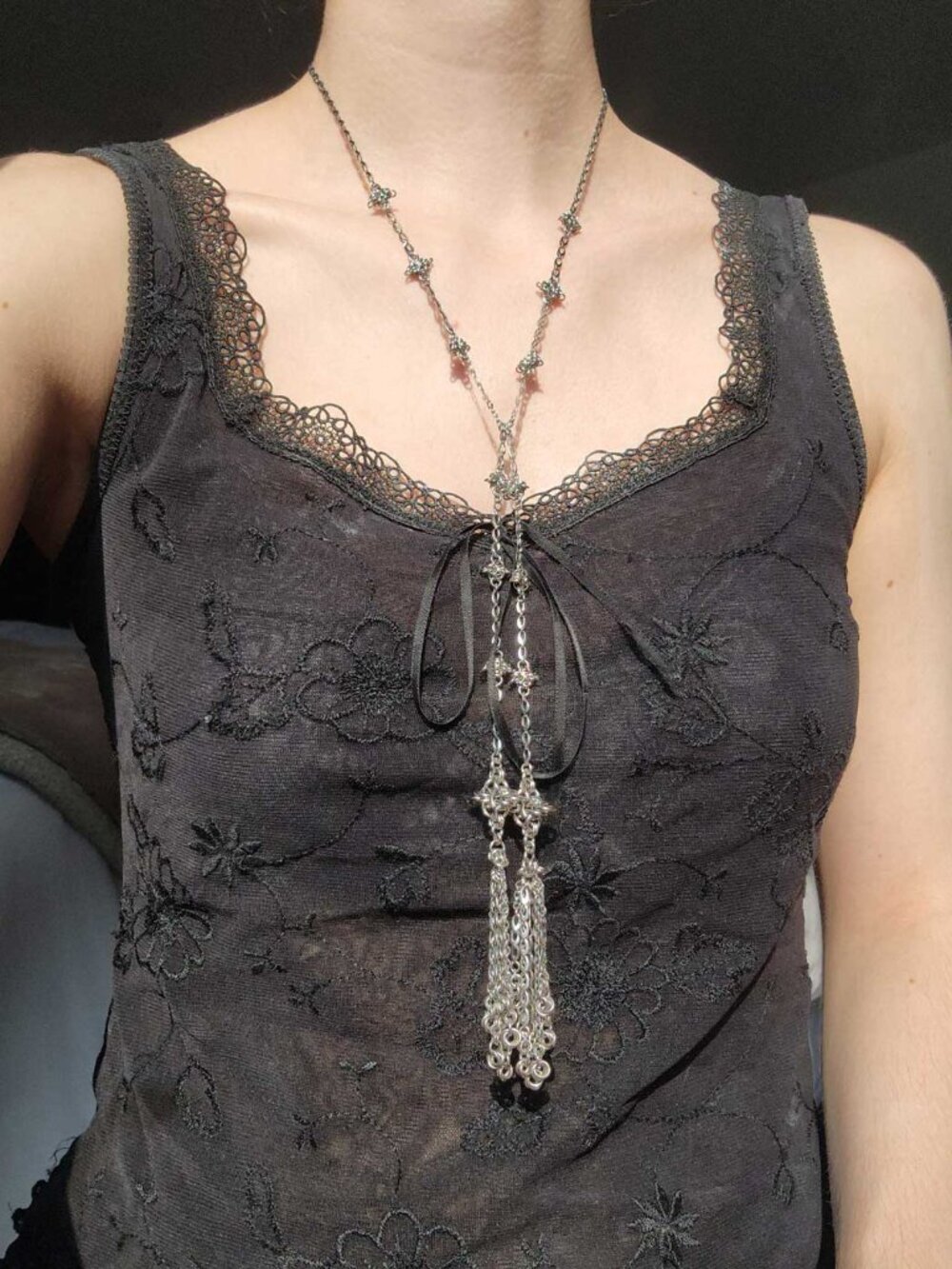 Gothic long silver star necklace with tassels